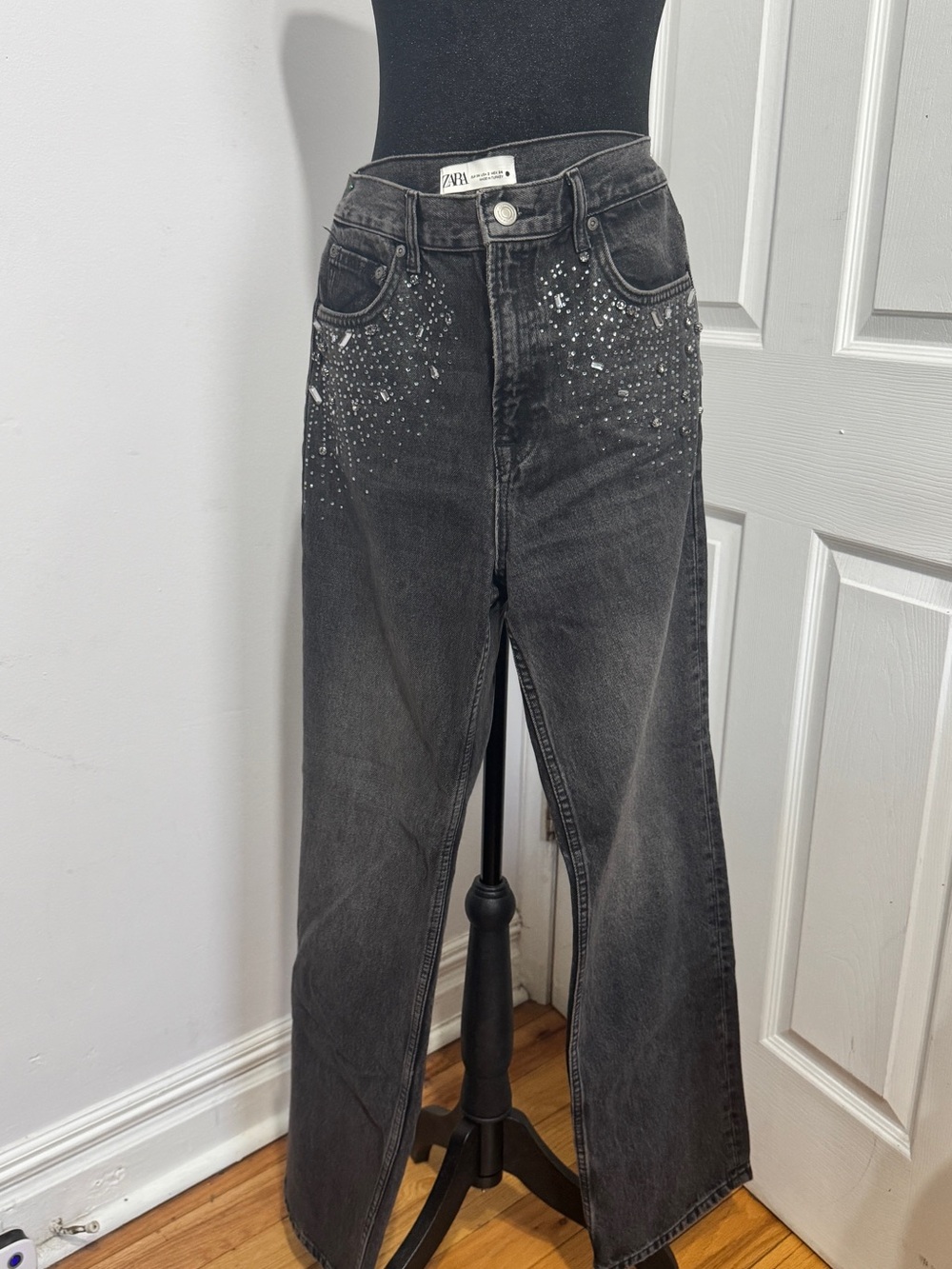 Zara Washed Black Wide-Leg Jeans with Sparkle Studs